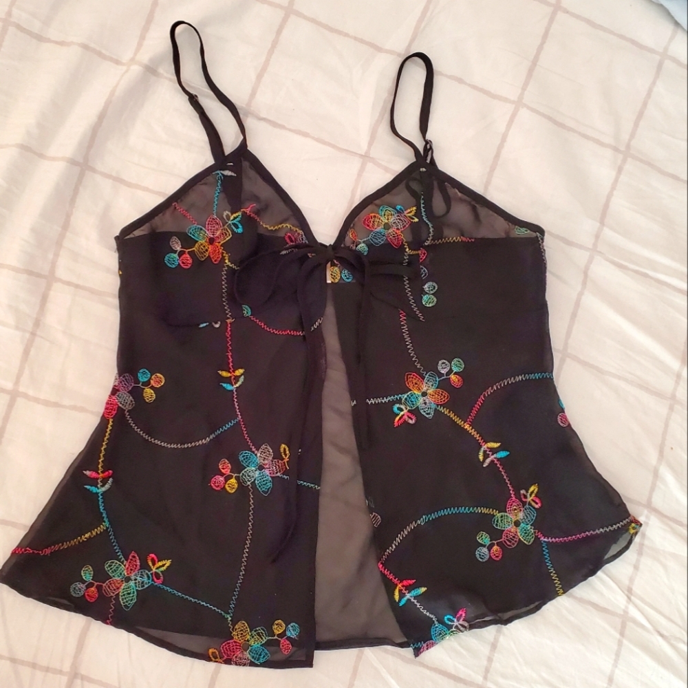 Babydoll Camisole Lingerie Tie Up Spaghetti Strap Floral Black Top Shirt, XS